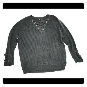 Dark Green Neckline-Laced Knit Sweater